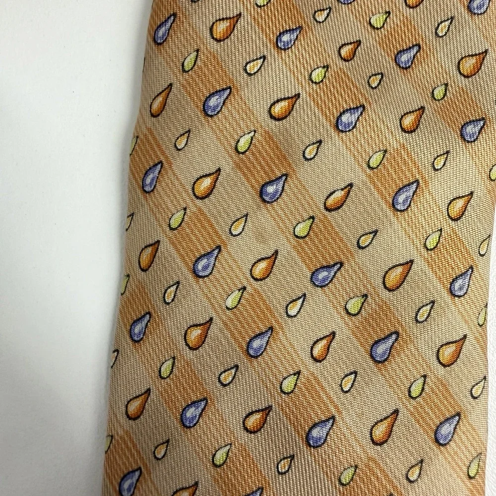Hermes Mens Tie Rain Drops Orange 100% Satin Silk 7907 MA 3.5